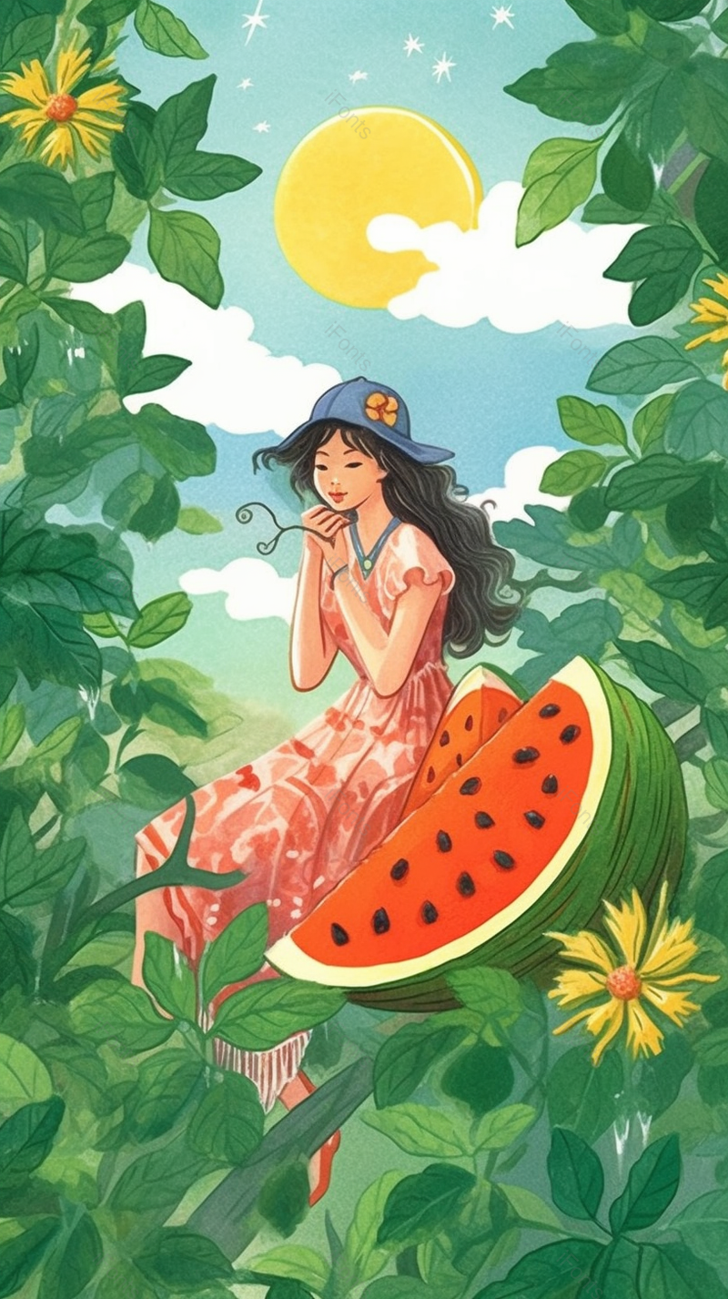 绿色夏天自然田园风光西瓜女孩插画背景,插画/手绘图,插画/手绘图库,插画/手绘图下载,插画/手绘